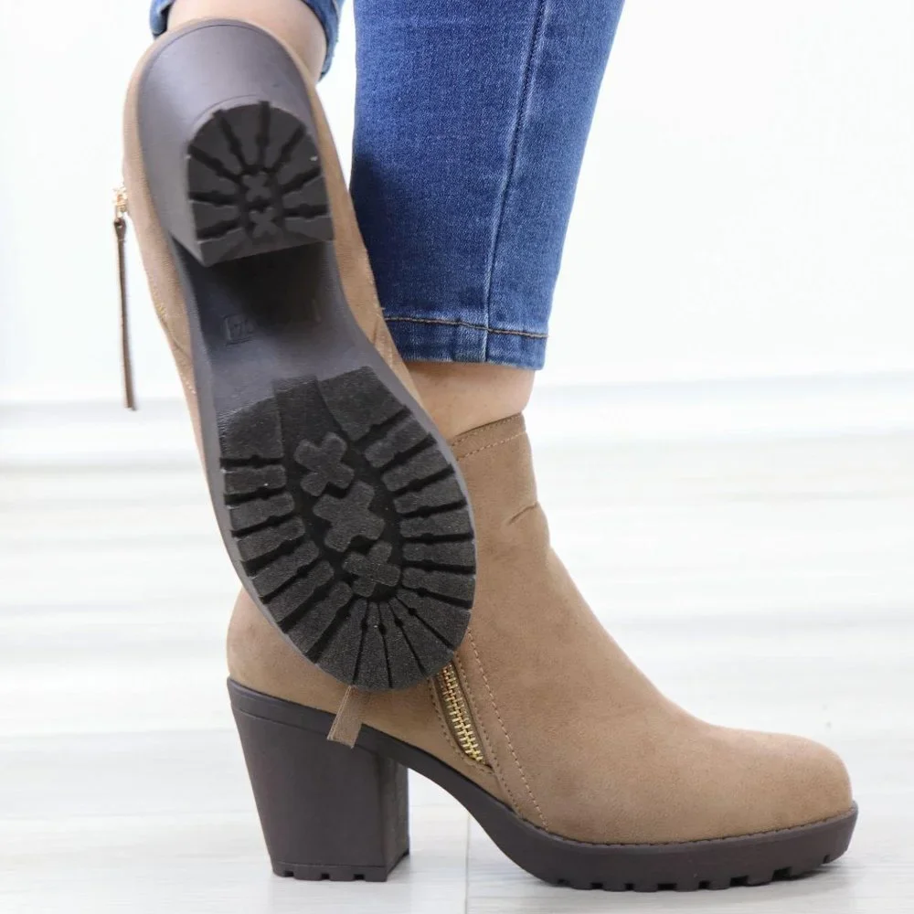 Taupe Suede Lug Chunky Heel Ankle Boots - Picture 7 of 12